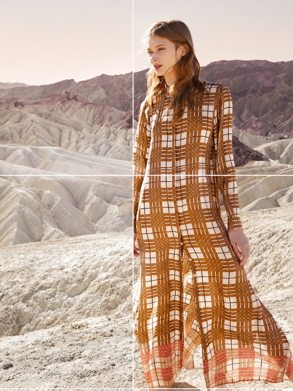 $995 ANTONELLI Firenze Italy Neutral Check Plaid Button Shirt Flowy Maxi I 42 M